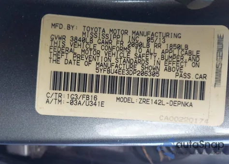 2013 Toyota Corolla Le из США, поврежденный, VIN 5YFBU4EE3DP206305